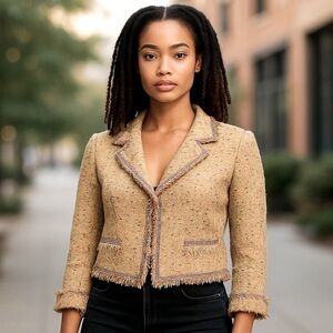 BERGAMO STUDIO Women’s Classic Tweed Confetti Raw Hem Tan Blazer 14 Y2K‎ Rainbow